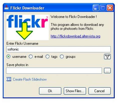 Download photos from Flickr and create Flash slideshows. Flickr Downloader is not the first tool specifically created to download photos from Flickr, but it includes some interesting features that make it worth mentioning. With Flickr Dowloader you can perform searches on Flickr based on a given username, e-mail address, tags or …